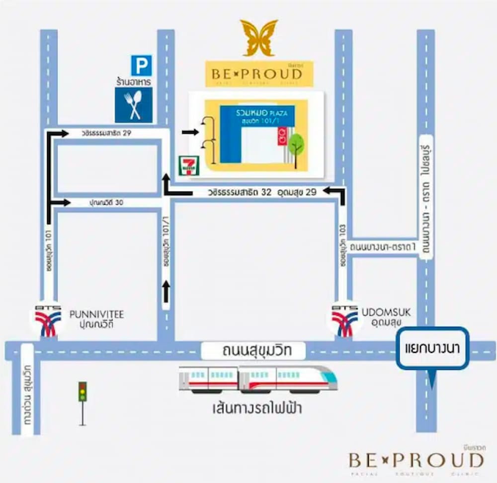 แผนที่แสดงที่ตั้งและการเดินทางมายัง Beproud Clinic